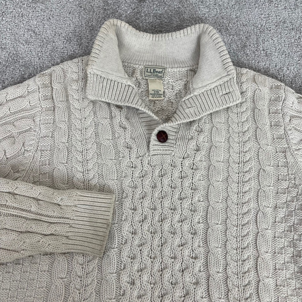 LL Bean Sweater Mens Medium Fisherman Cable Knit Cream Knot Button Mock Neck